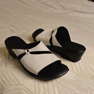 Clarks Black and White Mules